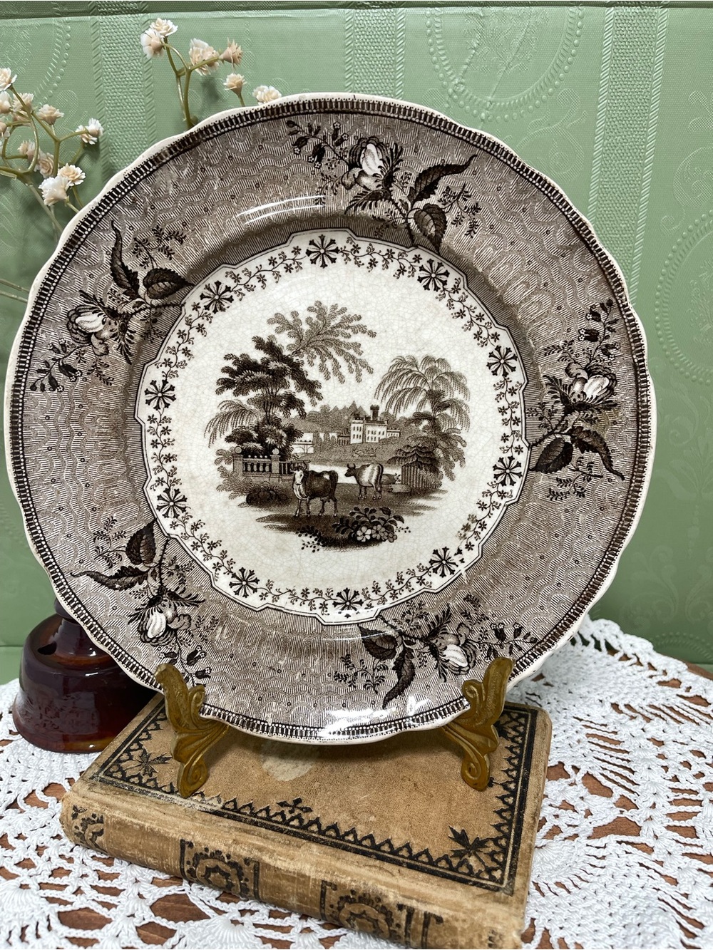 G Phillips Longport Brown Transferware Park Scenery Salad Plate 1800s Cows